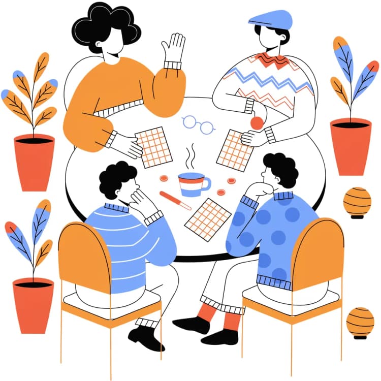 Cozy community room with bingo cards and tea