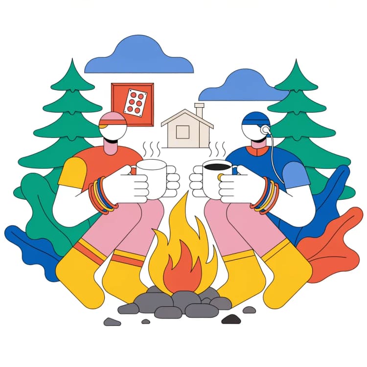 Summer camp with campfire and bingo cards