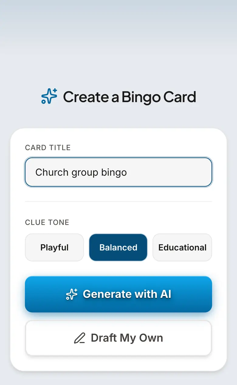 BingWow create-card screen on a phone with Church group bingo typed in