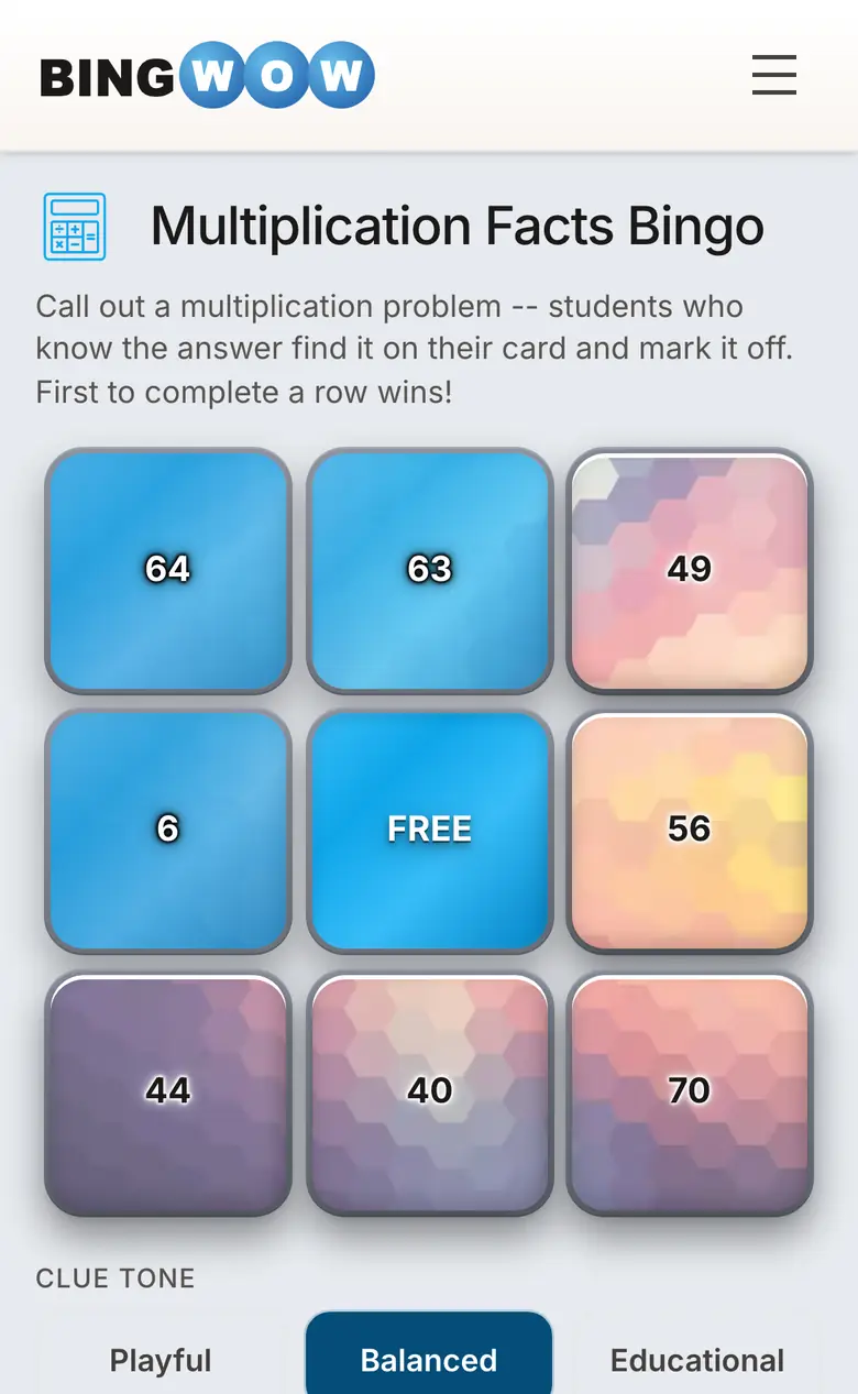 BingWow multiplication facts bingo card on a phone with several cells already tapped