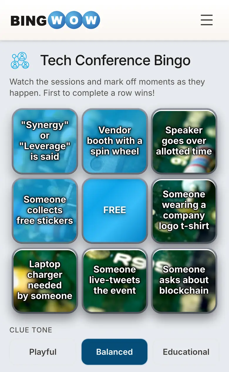 BingWow tech conference bingo card on a phone with several cells already tapped