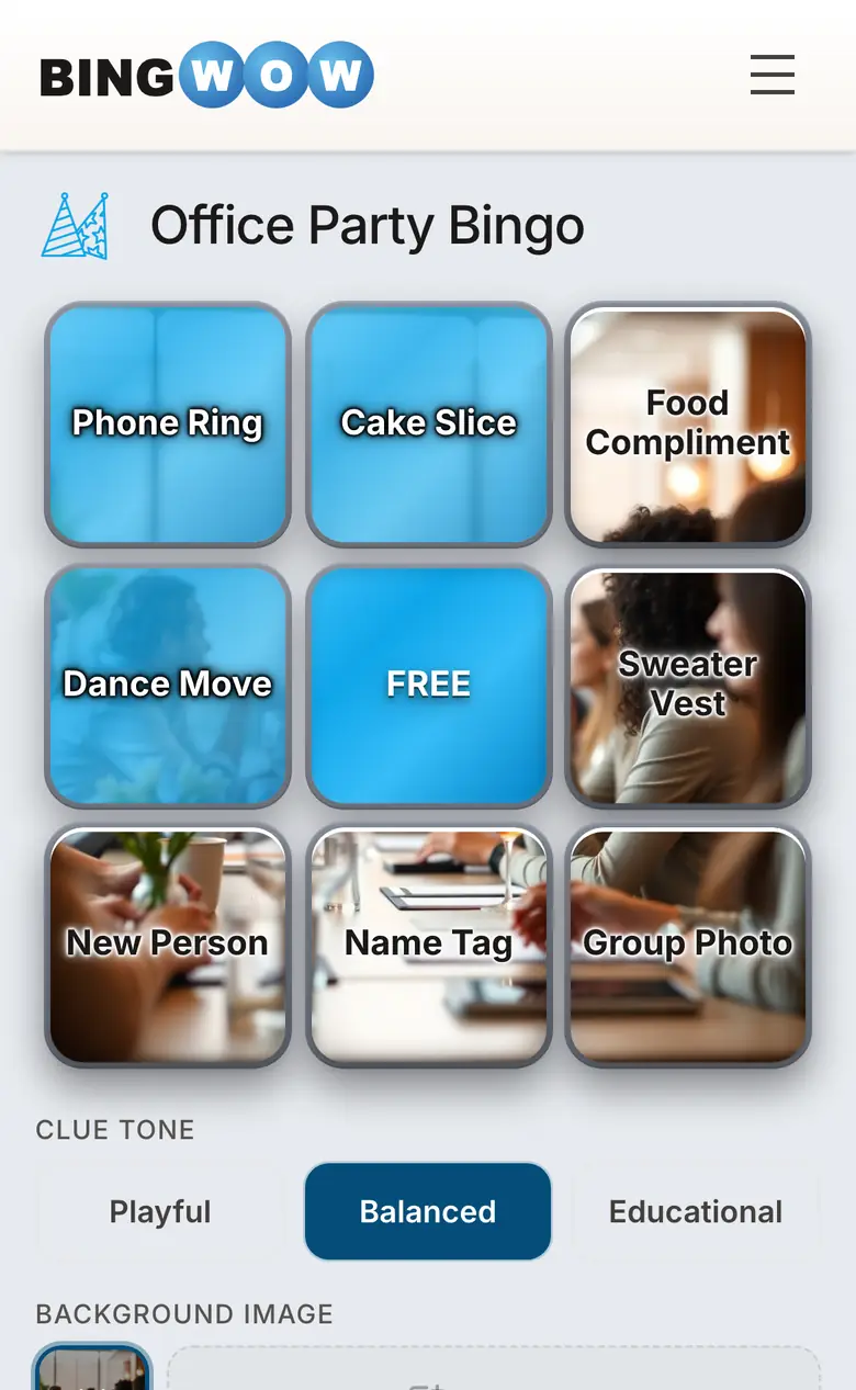 BingWow office party bingo card on a phone with several cells already tapped