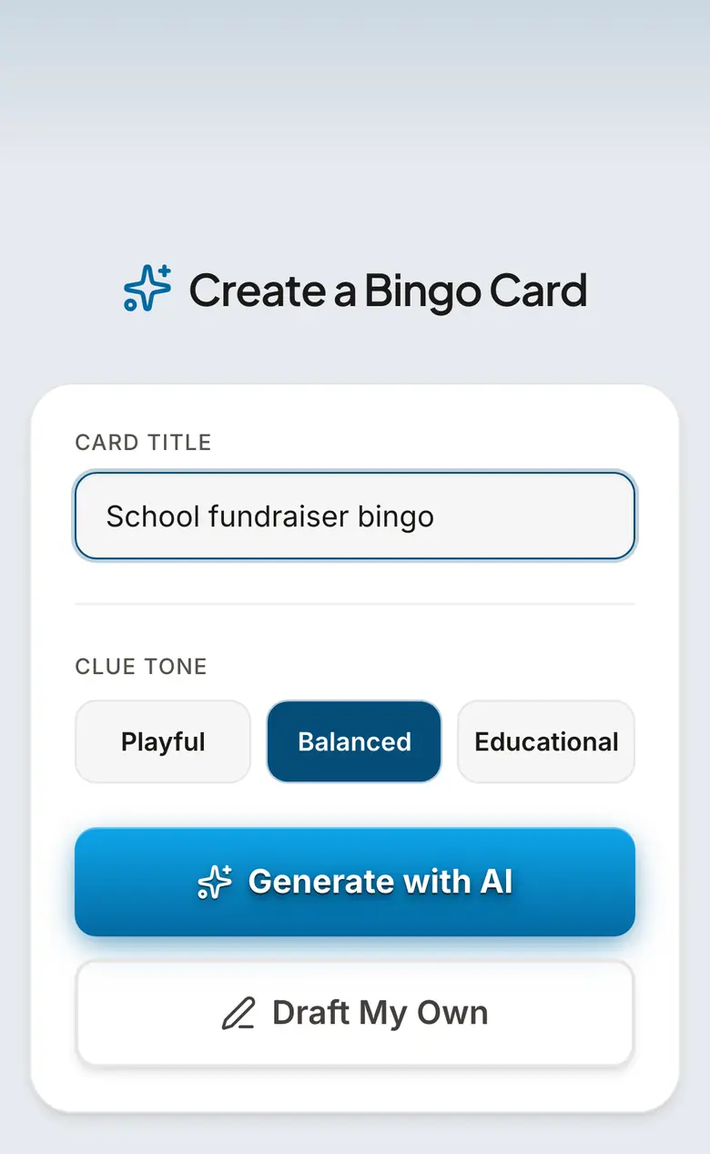 BingWow create-card screen on a phone with School fundraiser bingo typed in