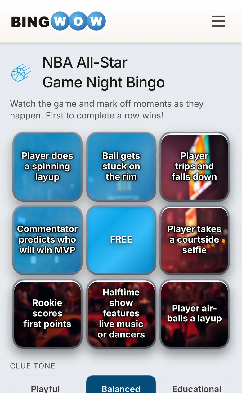 BingWow NBA All-Star game night bingo card on a phone