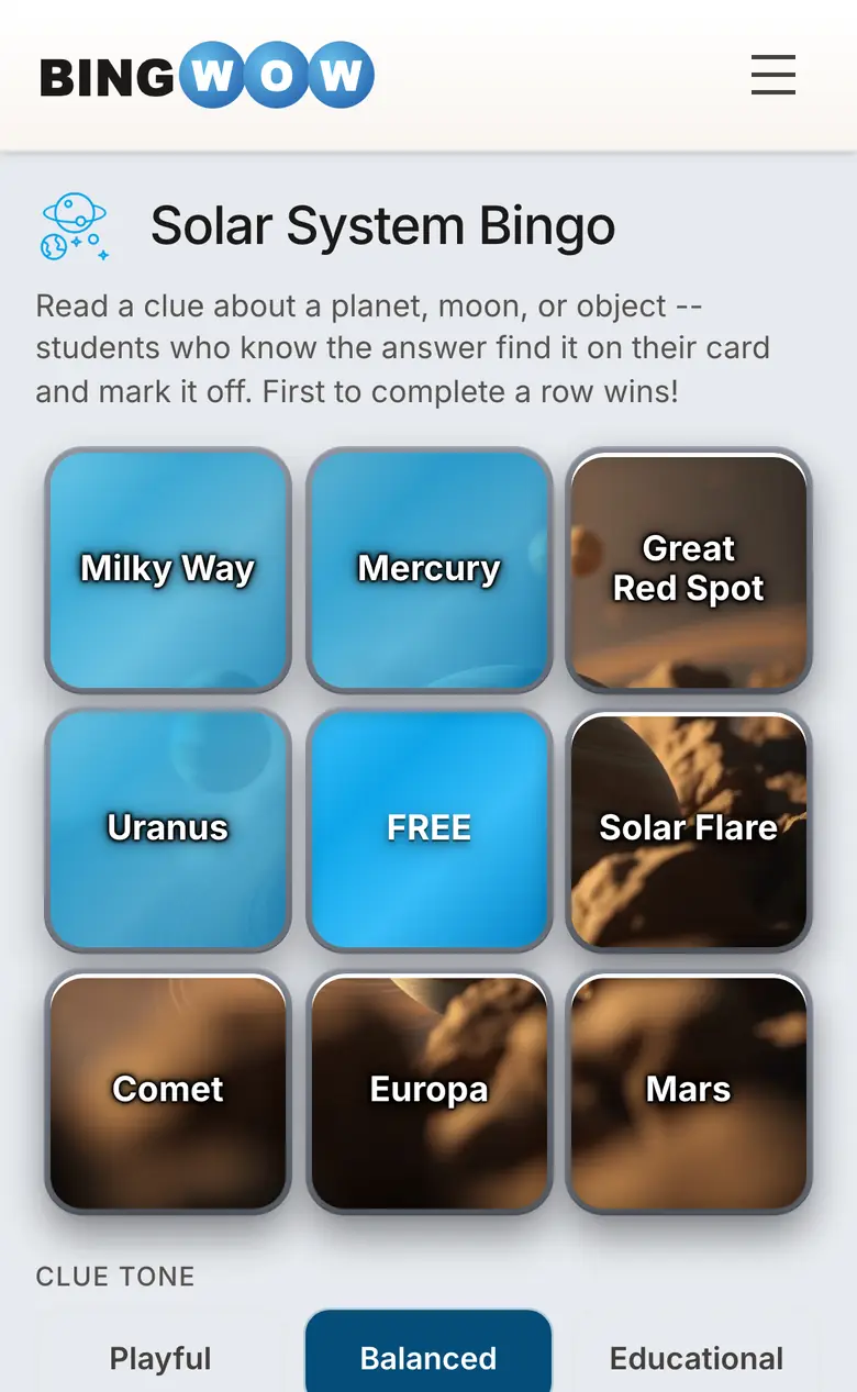 BingWow solar system bingo card on a phone for homeschool review