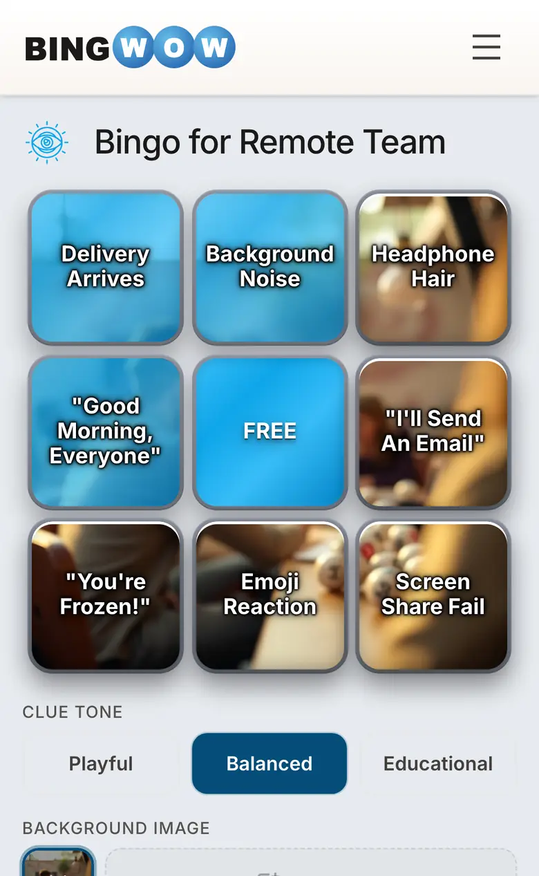 All-hands meeting bingo card running on a phone in BingWow