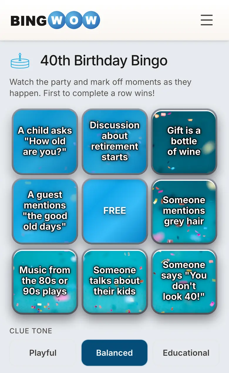 BingWow birthday party bingo card on a phone with several cells already tapped