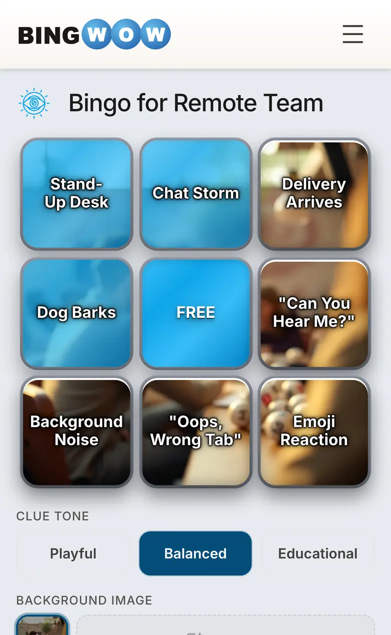 Remote team bingo card running on a phone in BingWow