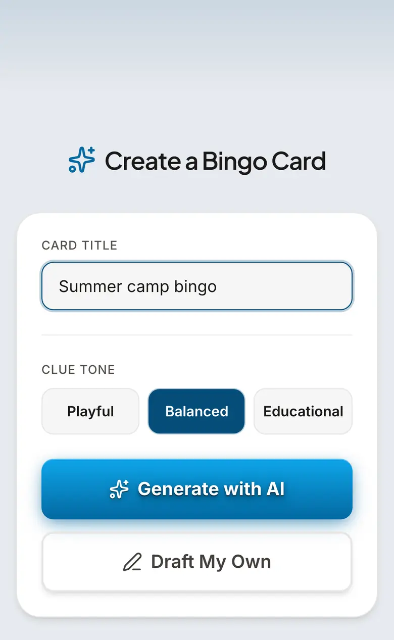 BingWow create-card screen on a phone with Summer camp bingo typed in