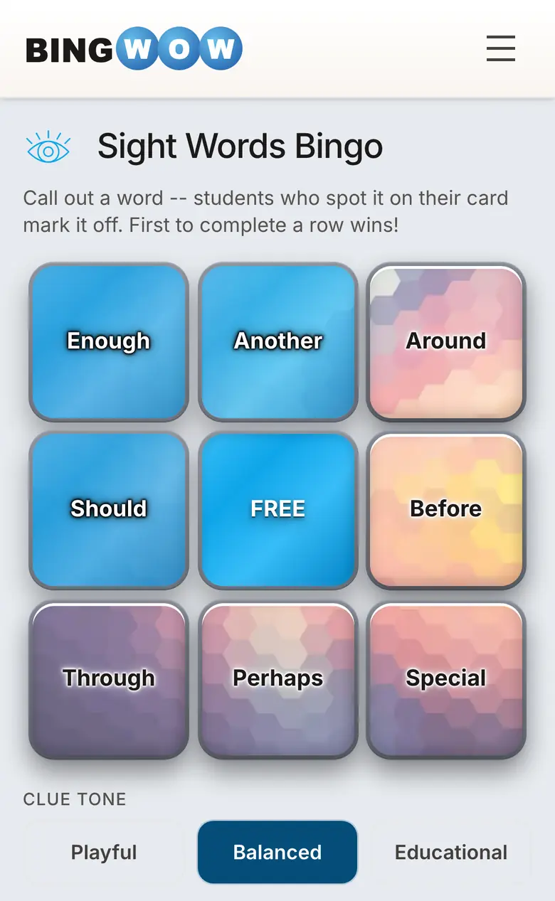 BingWow sight words bingo card on a phone for classroom review