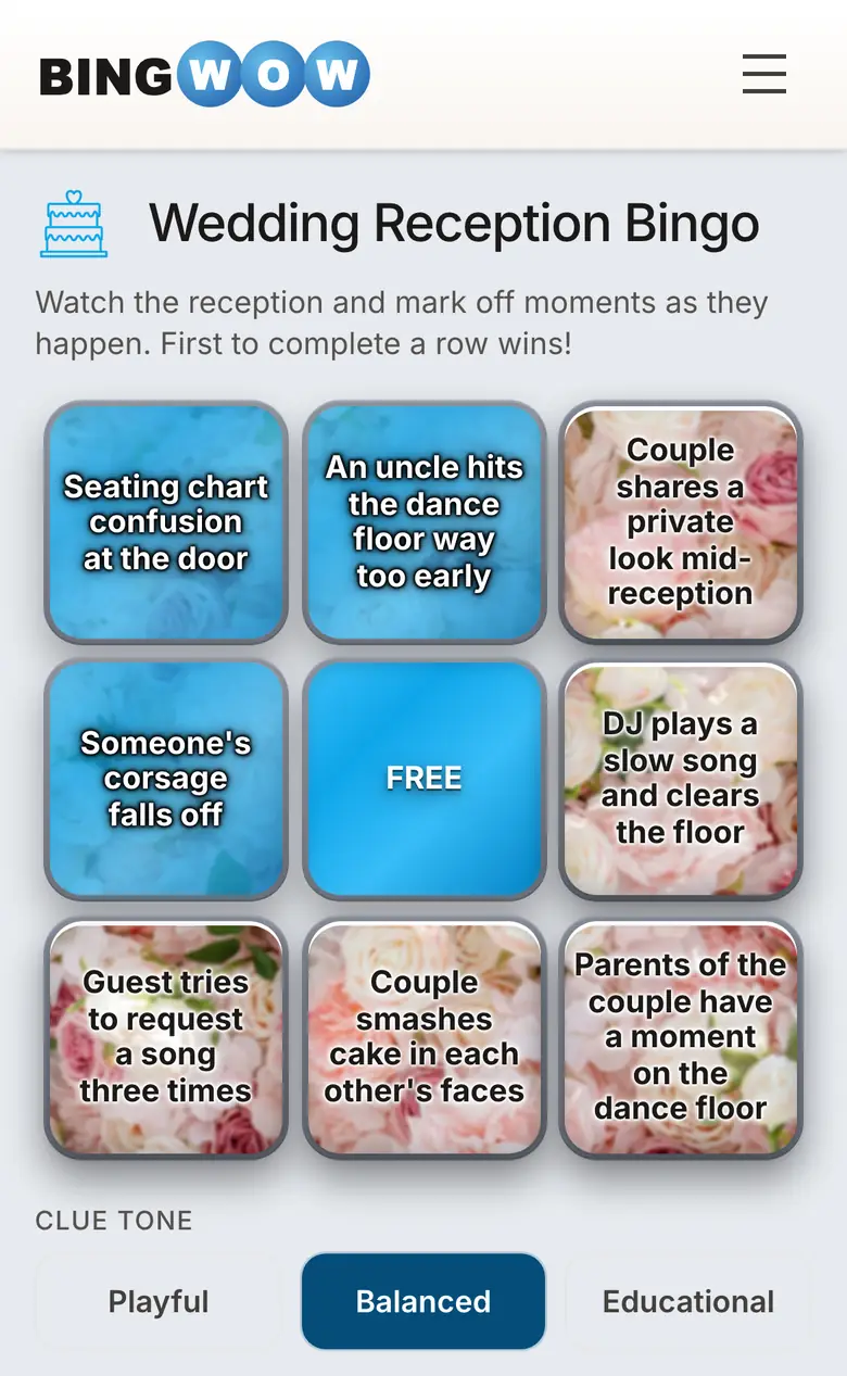 BingWow wedding reception bingo card on a phone with several cells already tapped