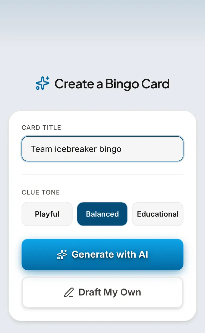 BingWow mobile create-card screen with a bingo topic typed in