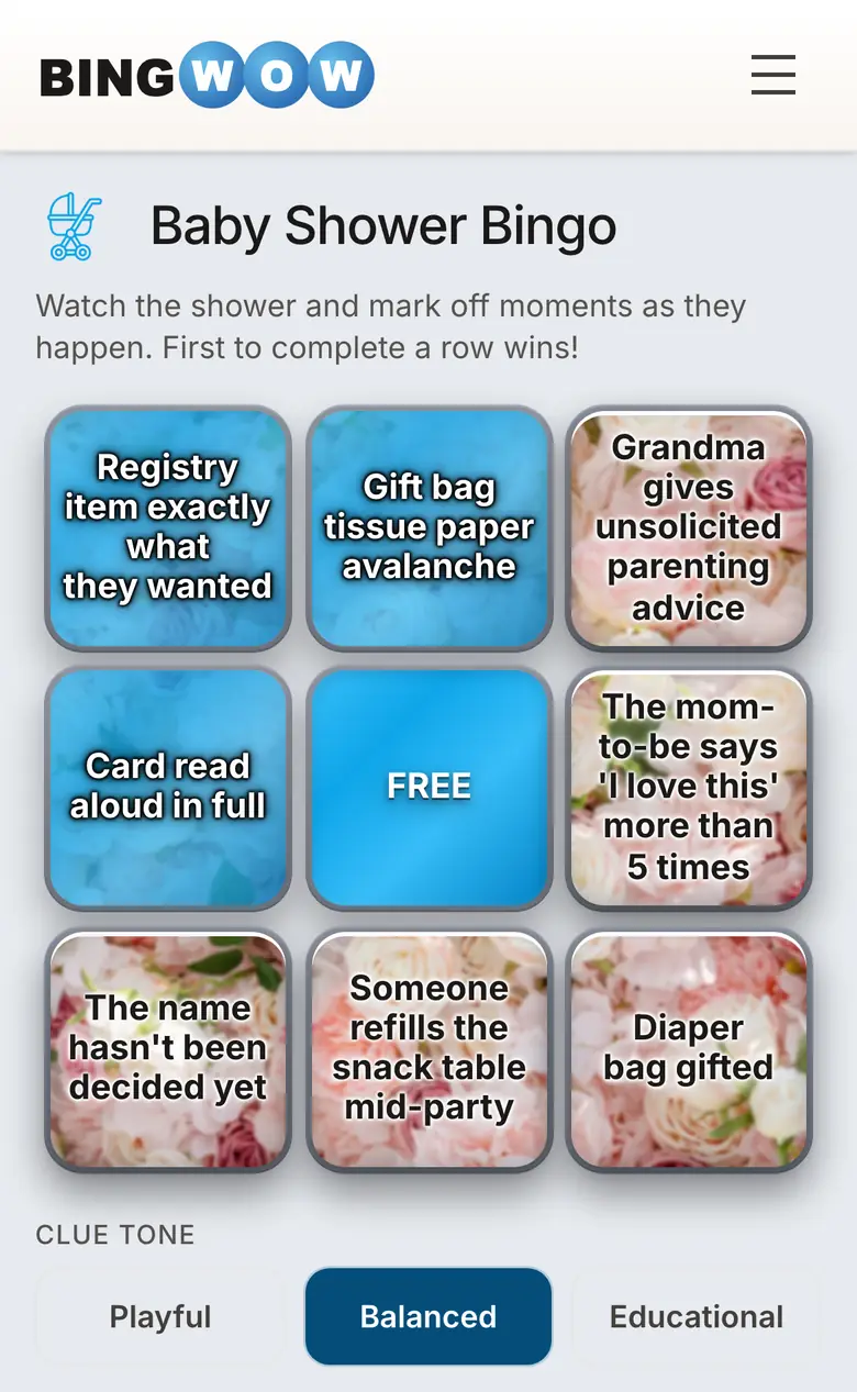 BingWow mobile bingo card with several cells already tapped
