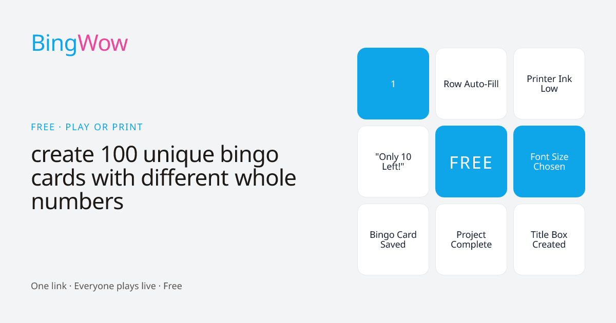 create 100 unique bingo cards with different whole numbers card preview