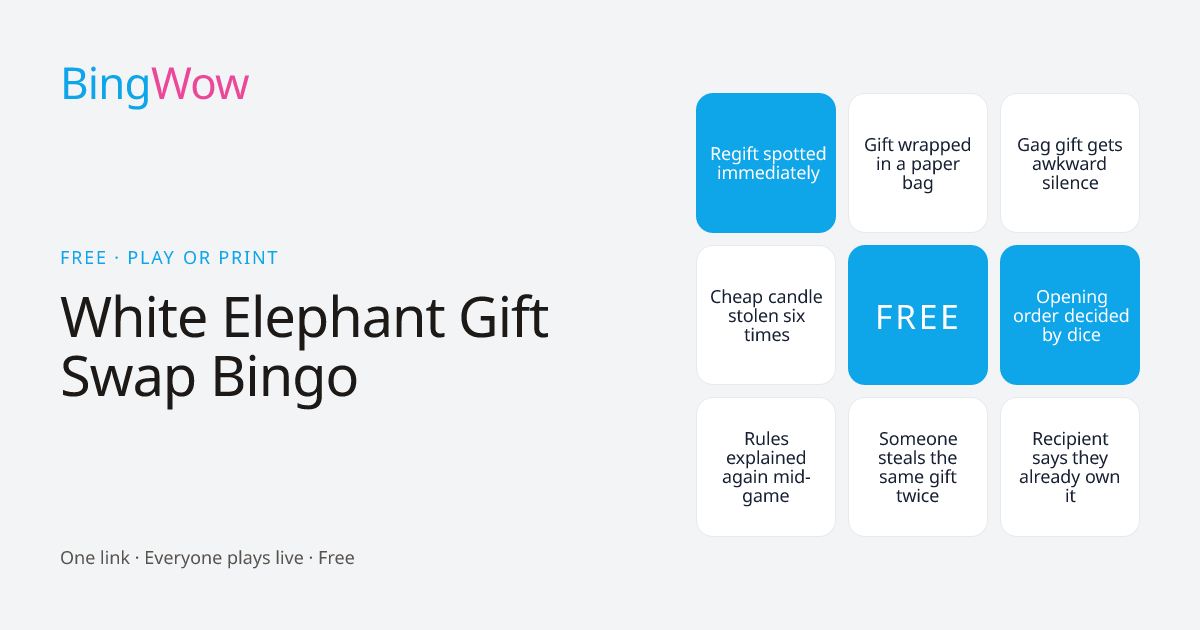 White Elephant Gift Swap Bingo card preview