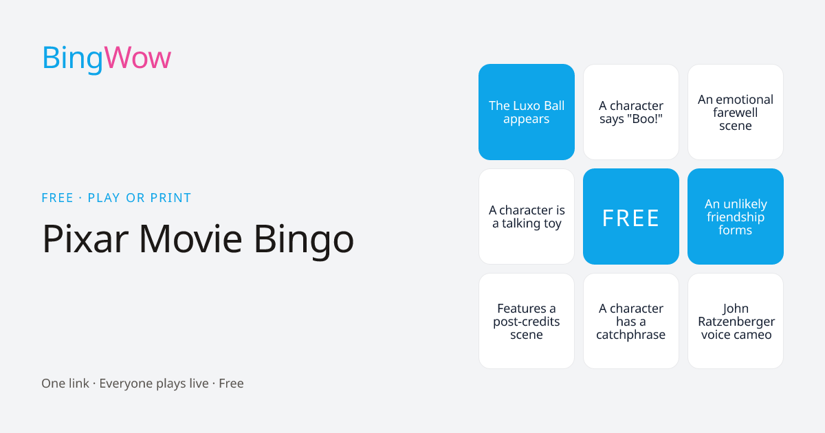 Pixar Movie Bingo card preview