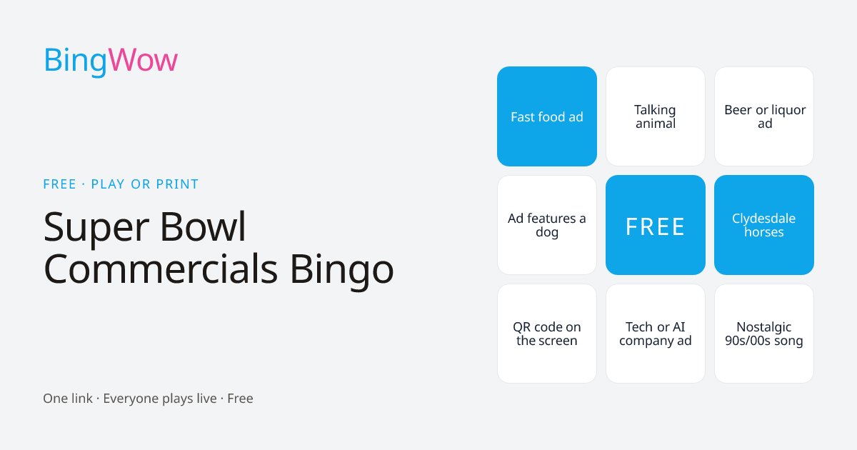 Super Bowl Commercials Bingo card preview
